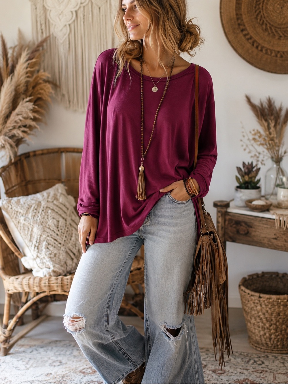 Piko 1988 Long Sleeve Boatneck Top - Wine - Picture 1 of 4